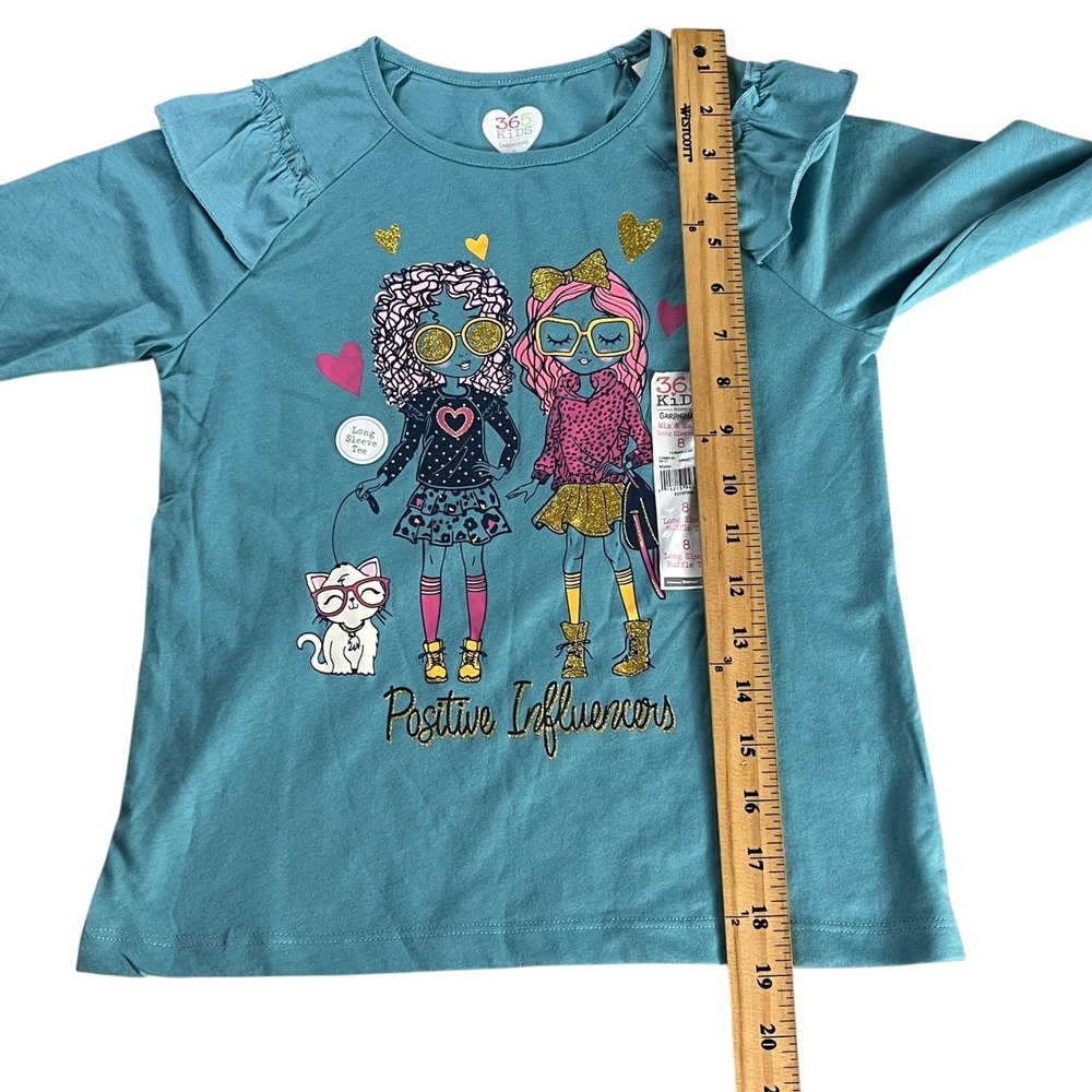 365 Kids from Garanimals Long Sleeve Ruffle Tee Girls 8 Aqua Positive Influencer - Picture 5 of 15